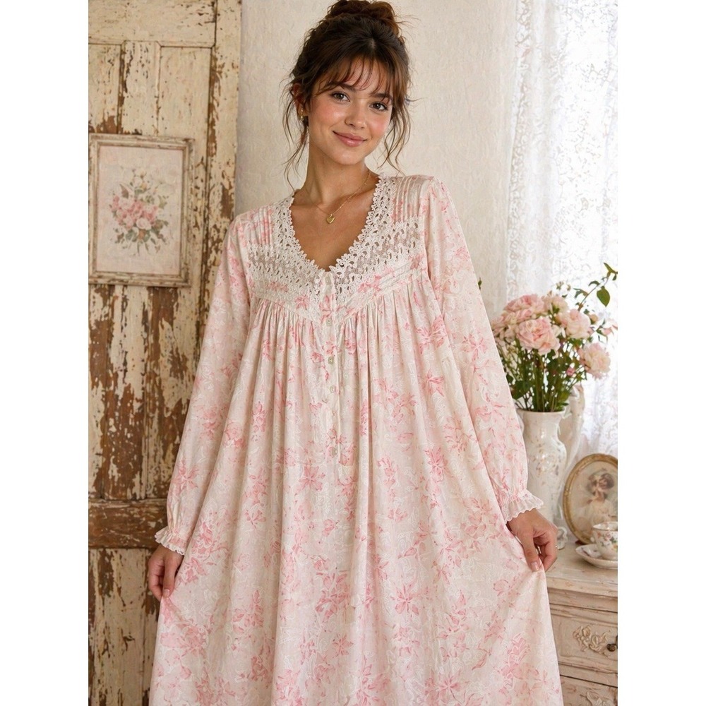 Eileen West Long Night Gown Sz S Pink Cherry Blossom Style Floral Lace Ballet **